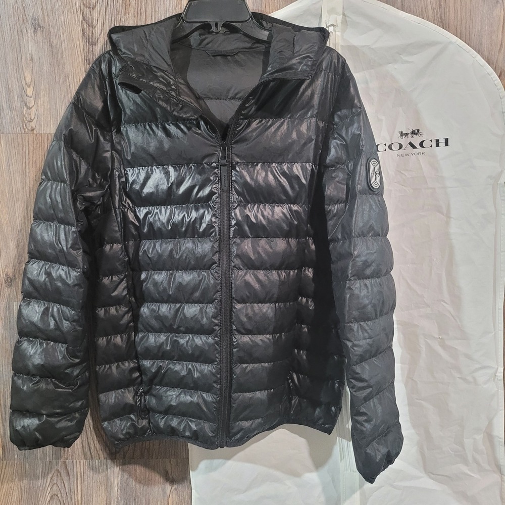 COACH C5189 Packable Down Puffer Jacket Sz S Black Hooded Full Zip w/Garment Bag